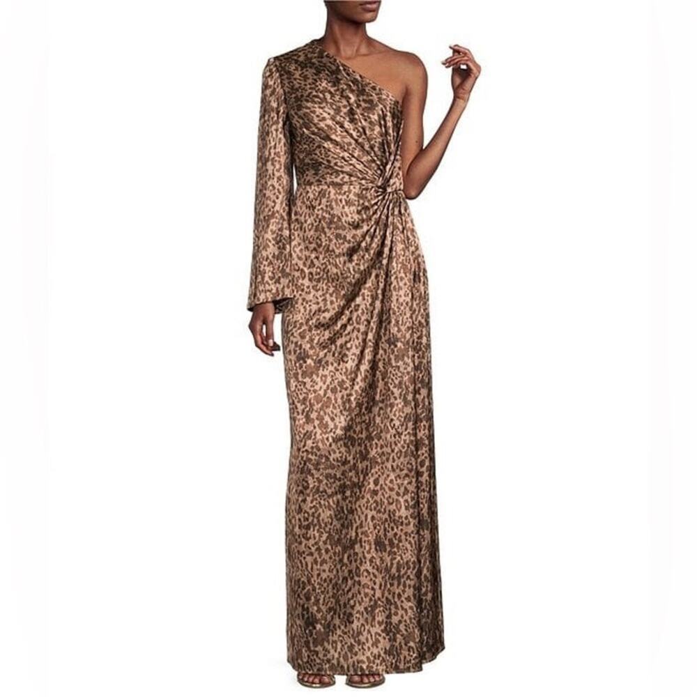 Muse by Marchesa $315 Senna Leopard Silk Asymmetrical Long Sleeve Maxi Dress 0